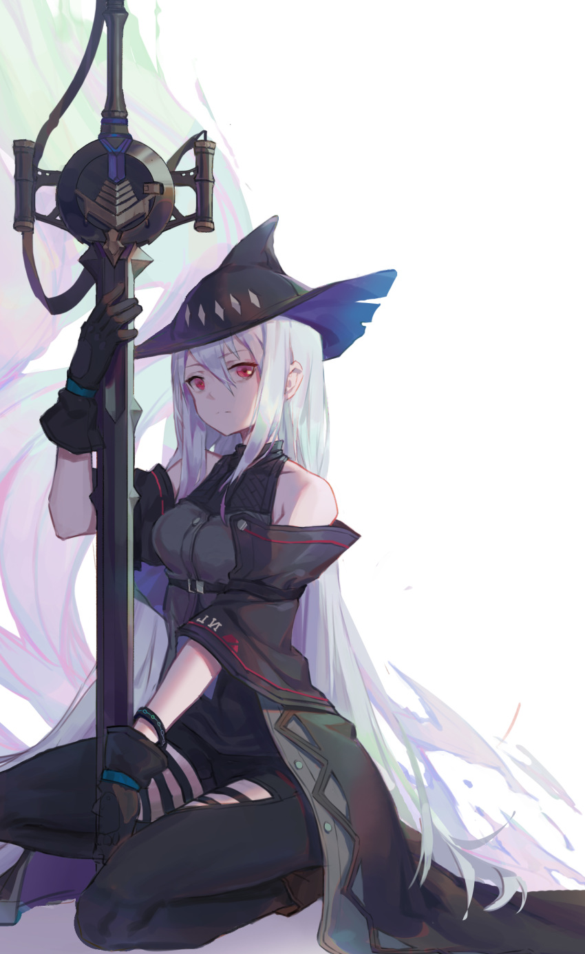 arknights bare_shoulders black_gloves black_headwear bracelet breasts closed_mouth collarbone covered_collarbone female gloves grey_hair hair_between_eyes highres holding holding_sword holding_weapon hong_yu jewelry kneeling looking_at_viewer photoshop_(medium) planted planted_sword red_eyes skadi_(arknights) skadi_(elite_ii)_(arknights) solo sword turtleneck weapon white_background