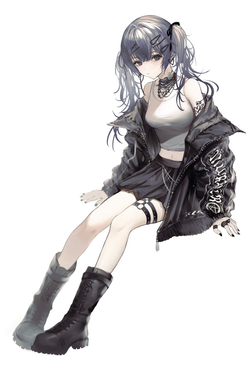 arm_rest arms_at_sides bare_shoulders black_footwear black_jacket black_nails black_ribbon black_skirt boots crop_top cross-laced_footwear female grey_eyes hair_between_eyes hair_ornament hair_ribbon hairclip highres hirose_(10011) jacket lace-up_boots legs_together long_hair long_sleeves midriff miniskirt nail_polish navel o-ring o-ring_thigh_strap open_clothes open_jacket original pleated_skirt print_jacket ribbon shirt short_twintails sidelocks skirt sleeveless sleeveless_shirt solo tank_top thigh_strap thighs twintails white_tank_top