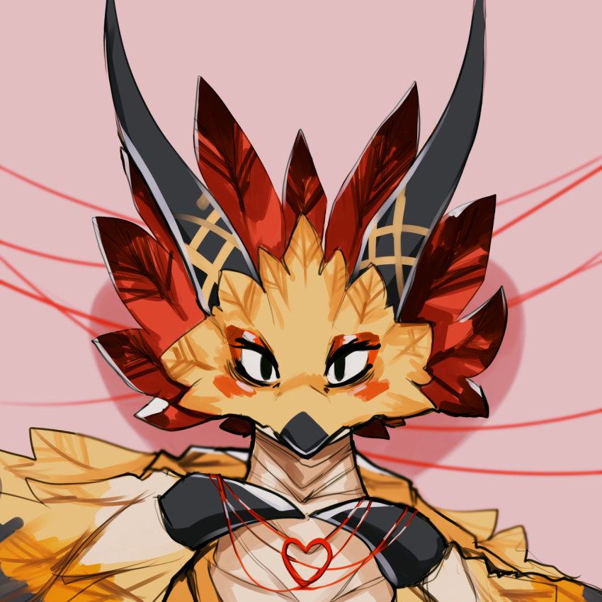 1:1 2021 ambiguous_form ambiguous_gender avian beak black_beak black_claws blush bust_portrait claws cygames digital_media_(artwork) digital_painting_(artwork) dragalia_lost dragon european_mythology eyelashes feathered_dragon feathered_scalie feathered_wyvern feathers front_view heart_symbol hi_res icon jupiter_(dragalia_lost) looking_at_viewer mythological_creature mythological_scalie mythology nintendo pink_background portrait red_body red_feathers reptile scalie simple_background solo stercore_murum western_dragon wing_claws wings wyvern yellow_body yellow_feathers