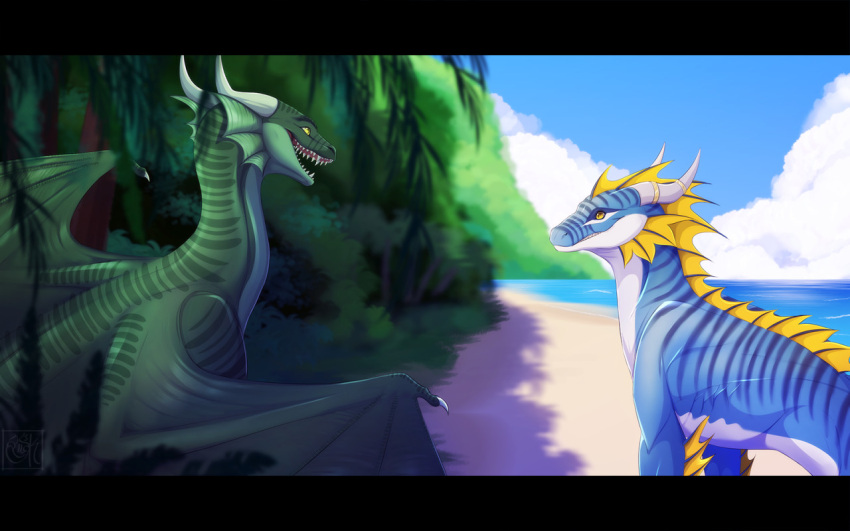 16:10 2021 beach day detailed_background digital_media_(artwork) dragon duo european_mythology feral hondra mythological_creature mythological_scalie mythology open_mouth outside sand scalie seaside shoreline silvyr sky smile teeth water western_dragon widescreen wingless_dragon wyvern