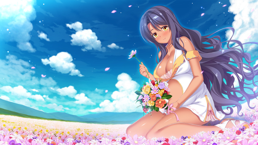 blue_hair blush breasts cleavage clouds dark_skin flowers game_cg hinata_nao long_hair madellie_parnepoli moonstone_cherry petals pregnant sex_open_world_e_youkoso! sky yellow_eyes