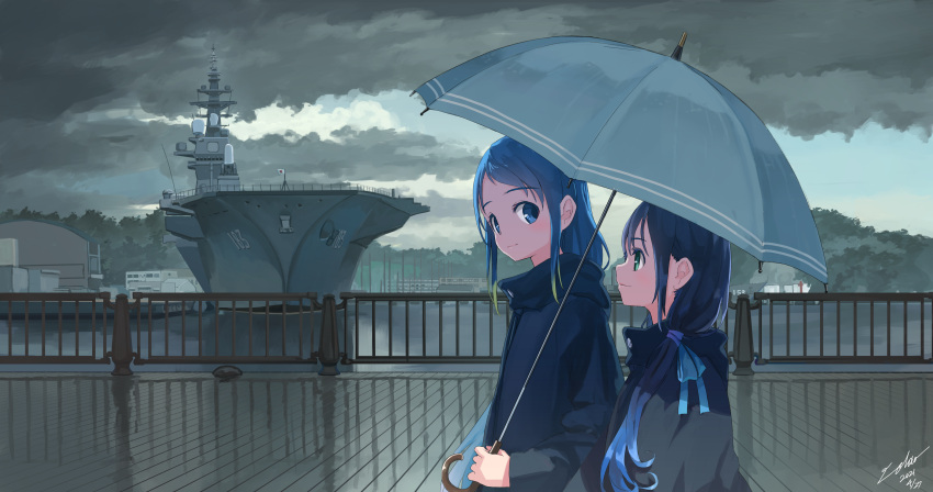 2girls absurdres aircraft_carrier anchor anti-aircraft_gun blue_eyes blue_hair closed_mouth cloud cloudy_sky dated green_eyes harbor highres holding holding_umbrella japan_maritime_self-defense_force japan_self-defense_force js_izumo_(ddh-183) kantai_collection laminar_flow long_hair long_sleeves military military_vehicle multiple_girls outdoors phalanx_ciws radar raincoat samidare_(kancolle) shared_umbrella ship signature sky suzukaze_(kancolle) umbrella warship watercraft