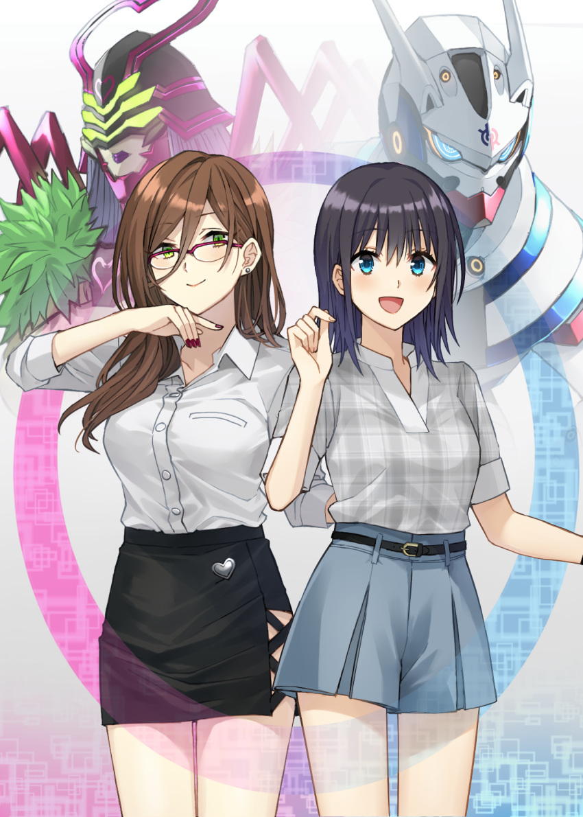 2girls :d belt belt_buckle black_belt black_hair black_skirt blue_eyes blue_skirt blush brown_hair buckle closed_mouth collarbone collared_shirt commentary_request dress_shirt earrings fingernails glasses green_eyes grey_shirt heart hero-san_to_moto_onna_kanbu-san highres honey_trap_(hero-san_to_moto_onna_kanbu-san) honjou_hayate jewelry long_hair multiple_girls nail_polish open_mouth over-rim_eyewear pencil_skirt pink-framed_eyewear plaid plaid_shirt pleated_skirt purple_nails rapid_rabbit semi-rimless_eyewear shirt short_sleeves skirt smile somechime_(sometime1209) stud_earrings