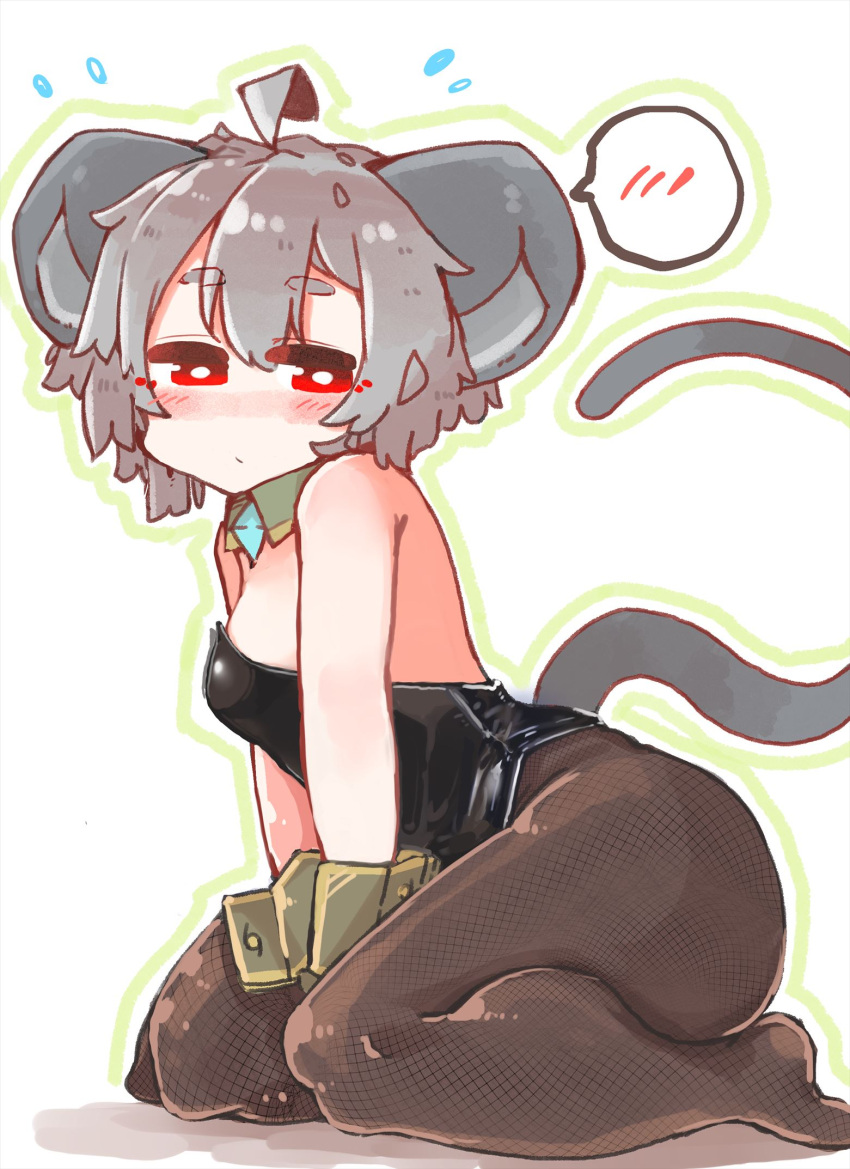 ahoge animal_humanoid blush breasts clothed clothing female fishnet_clothing grey_hair hair hi_res humanoid legwear leotard mammal mammal_humanoid mouse_humanoid murid murid_humanoid murine murine_humanoid nazrin red_eyes rodent rodent_humanoid sabitare shirt_collar short_hair side_view small_breasts solo spoken_blush tights touhou