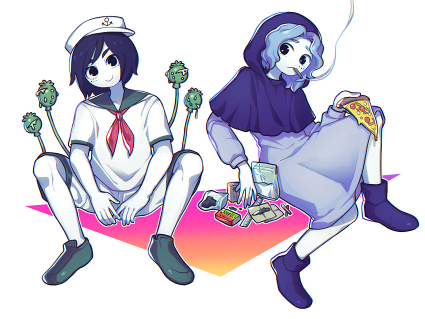 2girls @_@ bag black_eyes black_hair blue_dress blue_footwear blue_hair closed_mouth cocaine commentary_request cookie_(touhou) dress drugs flour_(cookie) flower food full_body green_footwear hat highres hita_(hizokuseikogeki) hood hood_up joint_(drug) kumoi_ichirin looking_at_viewer looking_to_the_side marijuana milk_(cookie) multiple_girls murasa_minamitsu neckerchief opium partial_commentary pizza pizza_slice plastic_bag poppy_(flower) red_neckerchief sailor_collar sailor_hat shirt shoes short_hair shorts smile smoking squatting touhou transparent_background white_shirt white_shorts