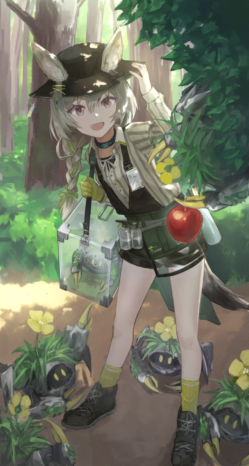 :d animal apple arknights beanstalk_(arknights) black_collar black_footwear black_headwear black_shorts black_vest bottle bow carrying collar crab ears_through_headwear female flower flower_on_head food fruit full_body green_bow green_ribbons grey_shirt hair_between_eyes hair_ribbon hairbow hand_on_headwear highres hyena_ears hyena_girl hyena_tail infection_monitor_(arknights) looking_at_viewer metal_crab_(arknights) oerba_yun_fang open_mouth outdoors pink_eyes ribbon shirt shoes shorts shoulder_strap smile socks solo spray_bottle vest weasel_(close-to-the-edge) yellow_flower yellow_socks