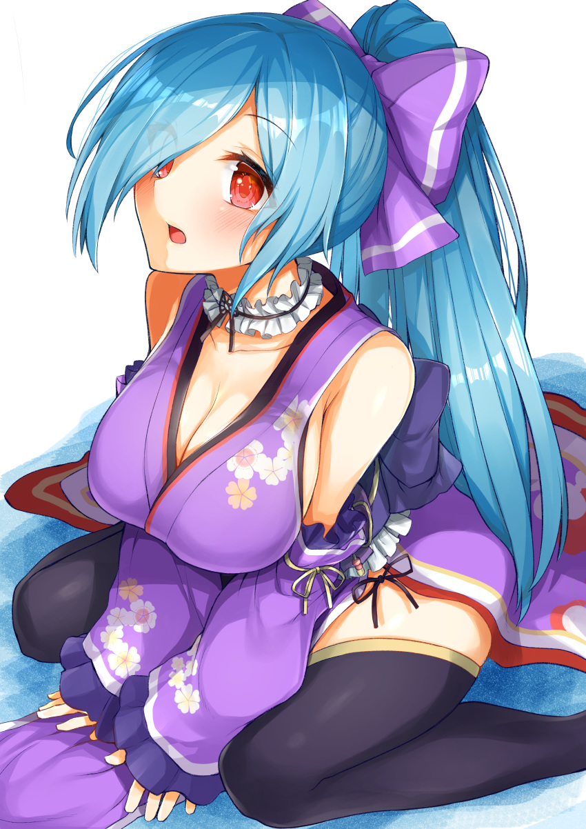 .live :o absurdres blue_hair blush bow breasts chausson choker cleavage female frills hair_over_one_eye hairbow high_ponytail highres japanese_clothes kimono long_hair long_sleeves looking_at_viewer obi open_mouth ponytail purple_bow purple_kimono red_eyes sash sitting skindentation sleeves_past_wrists smile solo thighhighs very_long_hair virtual_youtuber wariza yamato_iori