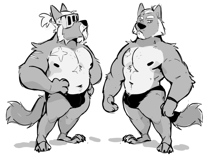 adastra adastra_(series) age_difference anthro beard bracelet canid canine canis cato_(adastra) clothing comparison duo echo_project facial_hair greyscale haps hi_res injuries jewelry male male/male mammal mature_male monochrome scar simple_background thong top_knot underwear visor wolf