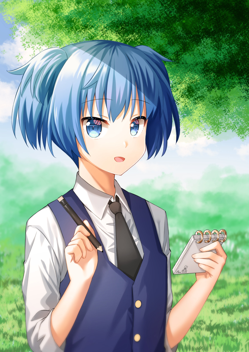 1boy :d absurdres androgynous ansatsu_kyoushitsu aro_1801 black_necktie blue_eyes blue_hair blue_vest blush collared_shirt commentary day foliage grass hands_up highres holding holding_notepad holding_pencil kunugigaoka_middle_school_uniform long_sleeves looking_at_viewer male_focus necktie notepad open_mouth outdoors pencil photoshop_(medium) school_uniform shiota_nagisa shirt short_hair short_twintails sleeves_past_elbows sleeves_rolled_up smile solo twintails two_side_up upper_body vest white_shirt wing_collar