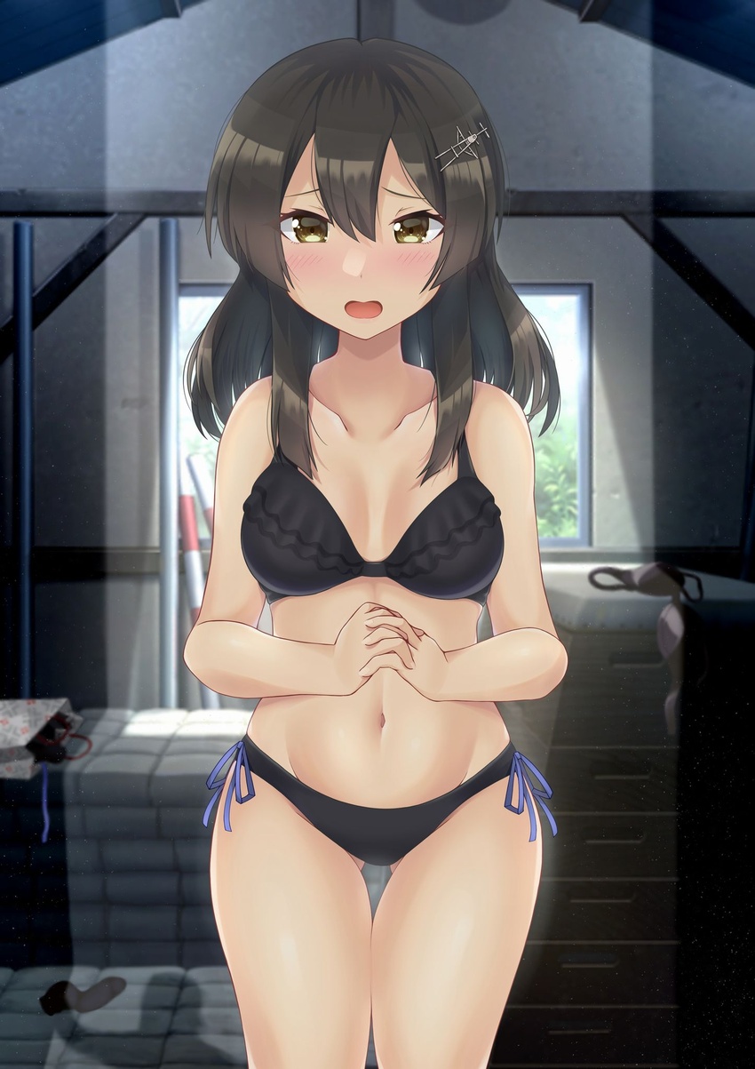 bikini black_bikini black_hair breasts female frilled_bikini frills grey_eyes hair_ornament hairclip highres kantai_collection looking_at_viewer medium_breasts open_mouth otobi own_hands_clasped own_hands_together oyashio_(kancolle) side-tie_bikini_bottom solo standing storage_room swimsuit thigh_gap vaulting_horse window