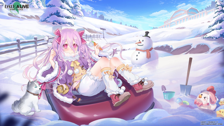 blush canine carrot closed_mouth date_a_live date_a_live:_spirit_pledge date_a_live:_twin_edition_rio_reincarnation female hat highres lolicon long_hair official_alternate_costume official_art outdoors pine_tree purple_hair red_eyes scarf shovel smile snow snowman sonogami_rio top_hat tree winter winter_clothes