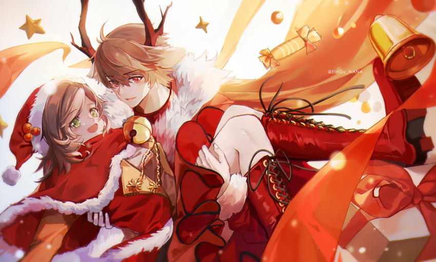 1boy :d absurdres antlers bell boots brown_eyes brown_hair candy capelet carrying christmas collar dress female food fur_collar green_eyes hat highres horns knee_boots long_sleeves looking_at_viewer luke_pearce_(tears_of_themis) nana895 neck_bell open_mouth princess_carry red_capelet red_dress red_footwear reindeer_antlers rosa_(tears_of_themis) santa_costume santa_hat smile star_(symbol) tears_of_themis