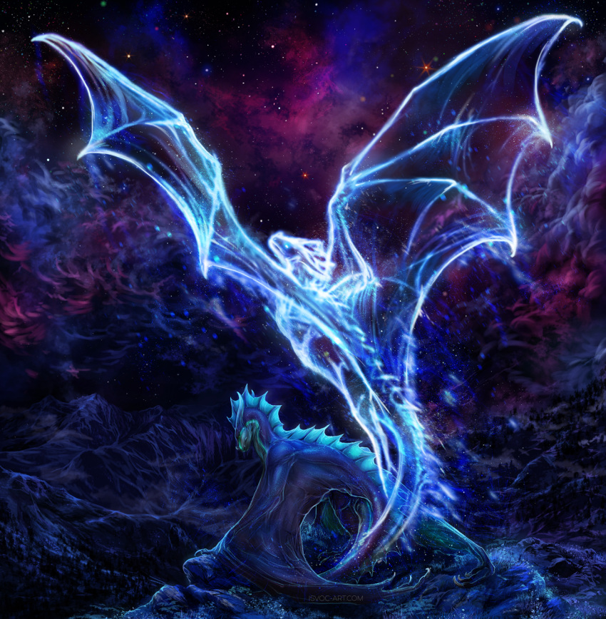 2019 aevere_(anotherpersons129) detailed_background digital_media_(artwork) dragon european_mythology feral grass hi_res horn isvoc membrane_(anatomy) membranous_wings moss mythological_creature mythological_scalie mythology night outside plant scalie sky solo spines spirit standing star starry_sky tail translucent translucent_body western_dragon wings wyvern