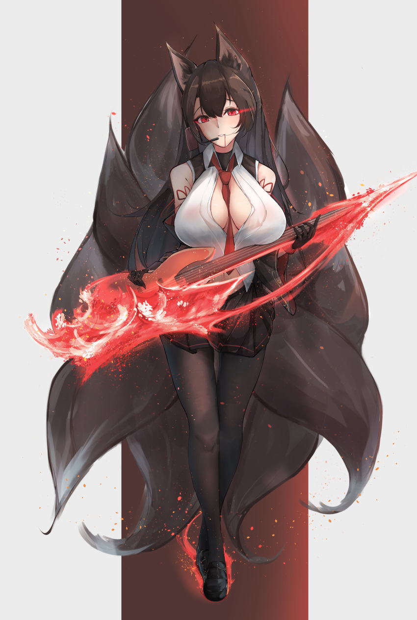 absurdres akagi_(azur_lane) akagi_(muse)_(azur_lane) animal_ear_fluff animal_ears azur_lane bare_shoulders between_breasts black_footwear black_gloves black_jacket blood blood_from_mouth blush breasts brown_hair character_name chinese_commentary cleavage commentary_request detached_sleeves female fox_ears fox_tail full_body gloves hand_up headset highres holding holding_instrument instrument jacket large_breasts large_tail loafers long_hair looking_at_viewer multiple_tails necktie off_shoulder pantyhose red_eyes shaded_face shirt shoes skirt smile solo tail white_shirt wing_collar yusha_m