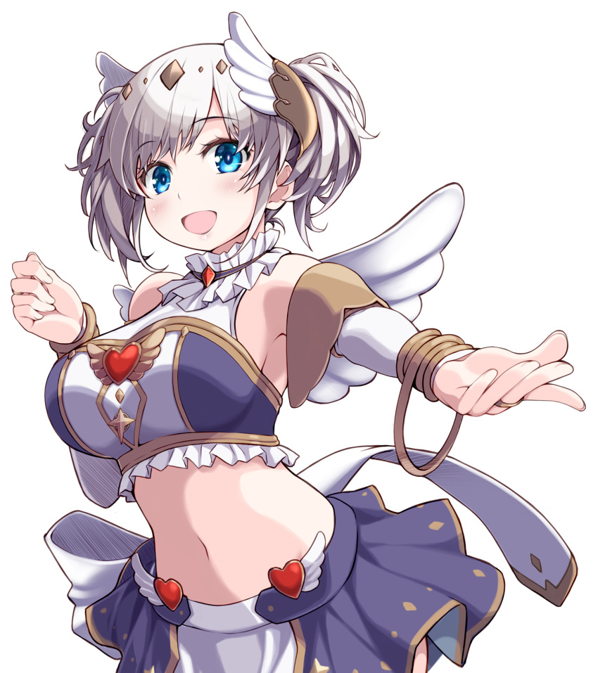 :d akari_(angel)_(princess_connect!) akari_(princess_connect!) angel_wings armlet armpits bare_shoulders blue_eyes blush bracelet breasts bridal_gauntlets choker circlet commentary_request cowboy_shot crop_top detached_collar feathered_wings female frills grey_hair hair_between_eyes hand_up heart-shaped_ornament highres horns jewelry large_breasts looking_at_viewer midriff navel open_mouth princess_connect! purple_choker purple_shirt purple_skirt reaching reaching_towards_viewer ribucci shirt short_hair short_twintails sidelocks simple_background skirt sleeveless sleeveless_shirt smile solo standing twintails two-tone_skirt white_background white_bridal_gauntlets white_skirt white_wings wing_hair_ornament wing_ornament winged_heart wings