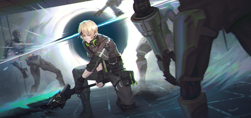 1boy battle black_footwear black_gloves blonde_hair boots closed_mouth eyes_visible_through_hair fingerless_gloves fingernails gloves glowing glowing_sword glowing_weapon headphones headphones_around_neck highres holding holding_sword holding_weapon hong_yu horns kamui:_bastion_(punishing:_gray_raven) kamui_(punishing:_gray_raven) on_one_knee open_mouth photoshop_(medium) pouch punishing:_gray_raven red_eyes robot single_horn slashing solo_focus sword weapon