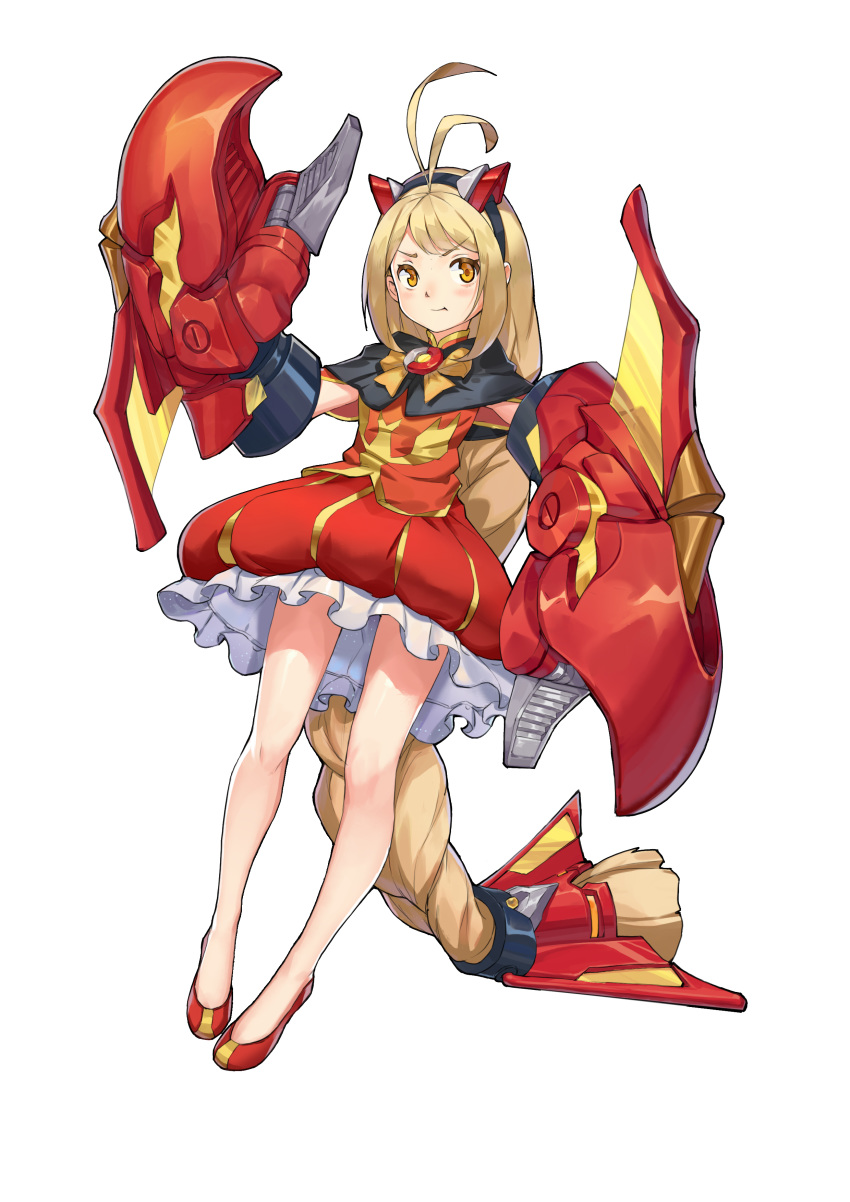 absurdres antenna_hair black_hairband blonde_hair blush claws closed_mouth crab_claw dress female frilled_dress frills hairband headgear highres hong_yu long_hair mecha_musume orange_eyes original personification pout red_dress red_footwear solo transparent_background very_long_hair