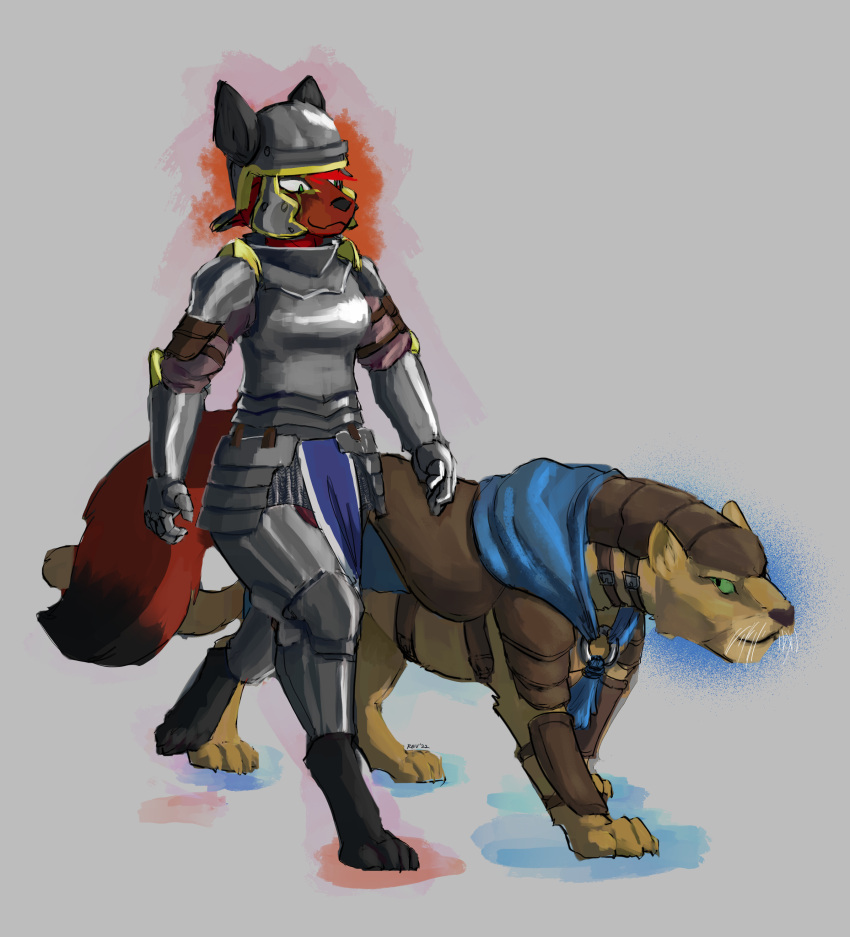 abstract_background absurd_res anthro armor canid canine clothing digital_media_(artwork) digital_painting_(artwork) duo felid female feral fox gauntlets gloves handwear hi_res leather lion mammal pantherine paws revertigo signature walking