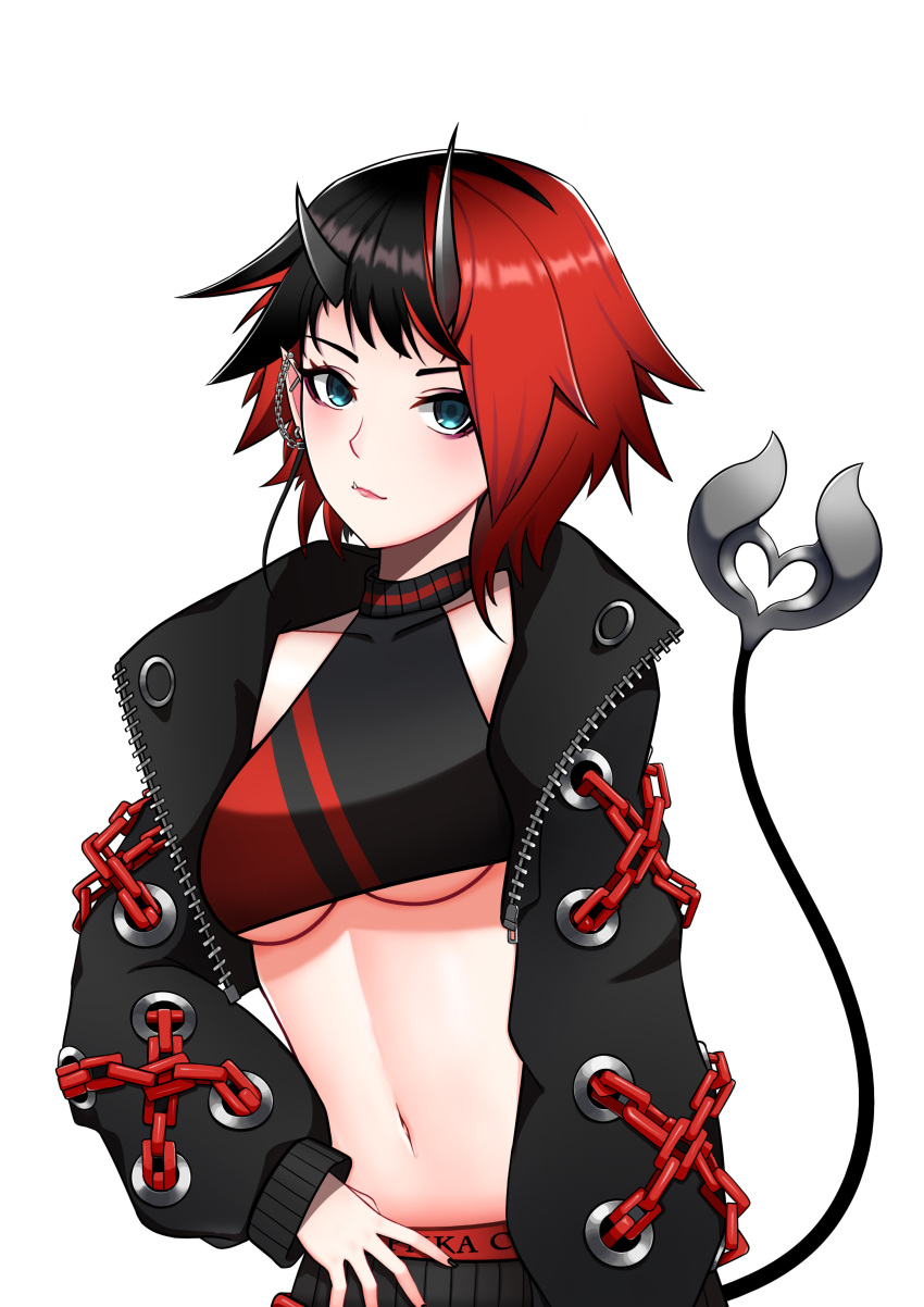 absurdres black_hair black_jacket black_nails black_sports_bra blue_eyes blush breasts chains commentary cropped_jacket demon_girl demon_horns demon_tail ear_chain ear_piercing english_commentary female highres horns jacket looking_at_viewer medium_breasts midriff multicolored_hair nail_polish nanashi_inc. navel open_clothes open_jacket pendramon piercing pointy_ears red_hair red_sports_bra ryugasaki_rene ryugasaki_rene_(1st_costume) short_hair simple_background solo sports_bra sugar_lyric tail textless_version two-tone_hair two-tone_sports_bra underboob upper_body virtual_youtuber white_background zipper