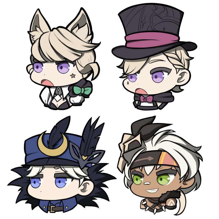 2boys 2girls animal_ears black_headwear blonde_hair blue_eyes blue_headwear braid cat_ears chibi cynoimpact dark-skinned_female dark_skin fur_trim genshin_impact green_eyes grin hat_feather highres iansan_(genshin_impact) lynette_(genshin_impact) lyney_(genshin_impact) mask mask_on_head multiple_boys multiple_girls open_mouth pulcinella_(genshin_impact) purple_eyes short_hair simple_background smile white_background white_hair