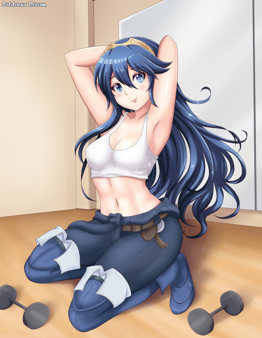 absurdres armpits arms_up artist_name blue_eyes blue_hair blush boots breasts cleavage commission crop_top dumbbell female fingerless_gloves fire_emblem fire_emblem_awakening gloves hair_between_eyes highres kneeling long_hair looking_at_viewer lucina_(fire_emblem) medium_breasts midriff navel patdarux shirt simple_background smile solo symbol-shaped_pupils tank_top thigh_boots thighhighs tiara very_long_hair