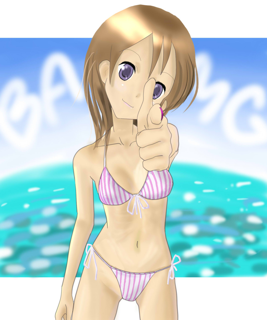 bikini blue_eyes brown_hair commentary_request female finger_gun highres naname_(nanameue) original pointing short_hair solo swimsuit