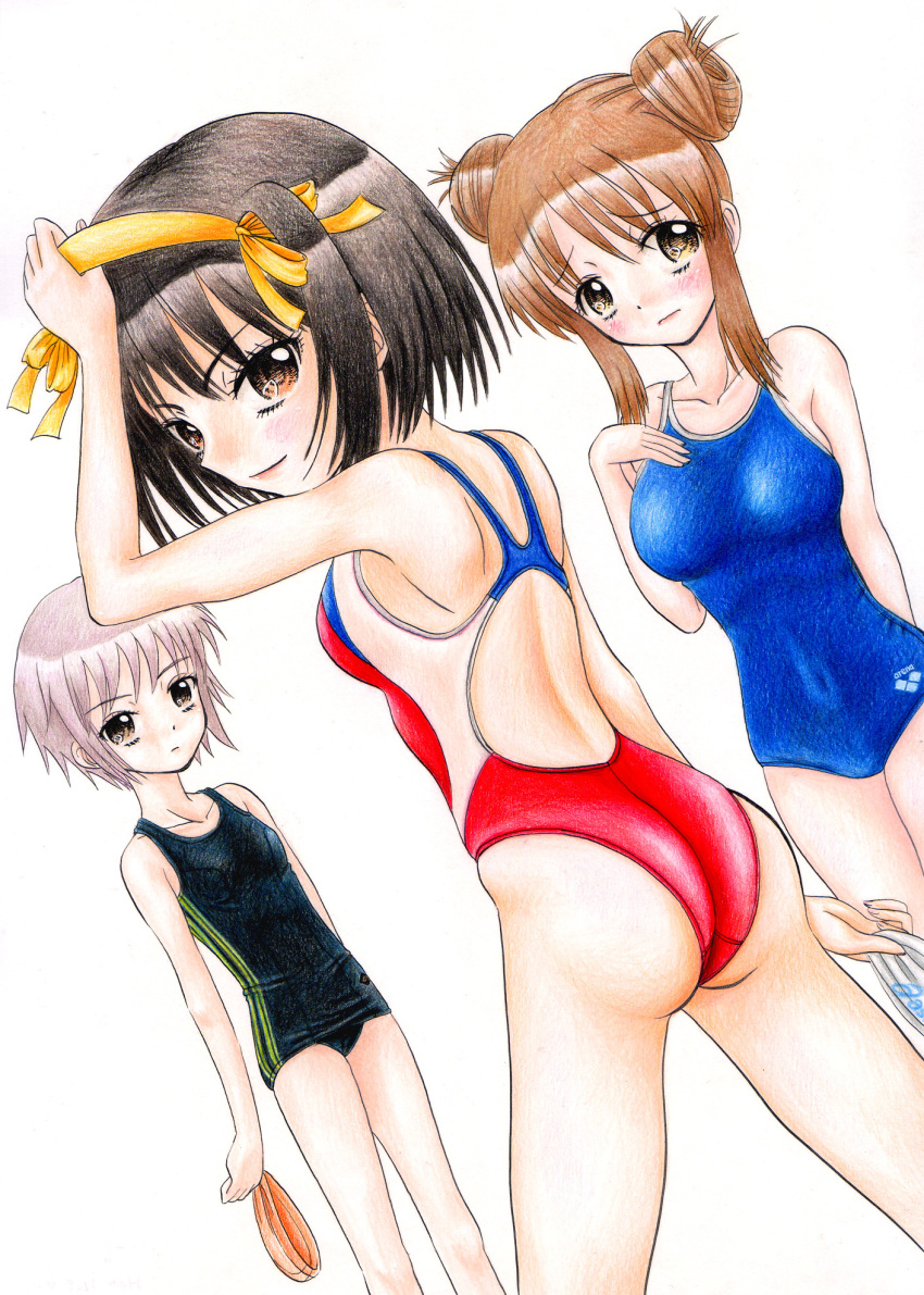 3girls asahina_mikuru ass black_one-piece_swimsuit commentary_request competition_swimsuit dutch_angle hairband hidaka_medaka highres multiple_girls nagato_yuki one-piece_swimsuit orange_hairband school_swimsuit suzumiya_haruhi suzumiya_haruhi_no_yuuutsu swim_cap swimsuit traditional_media