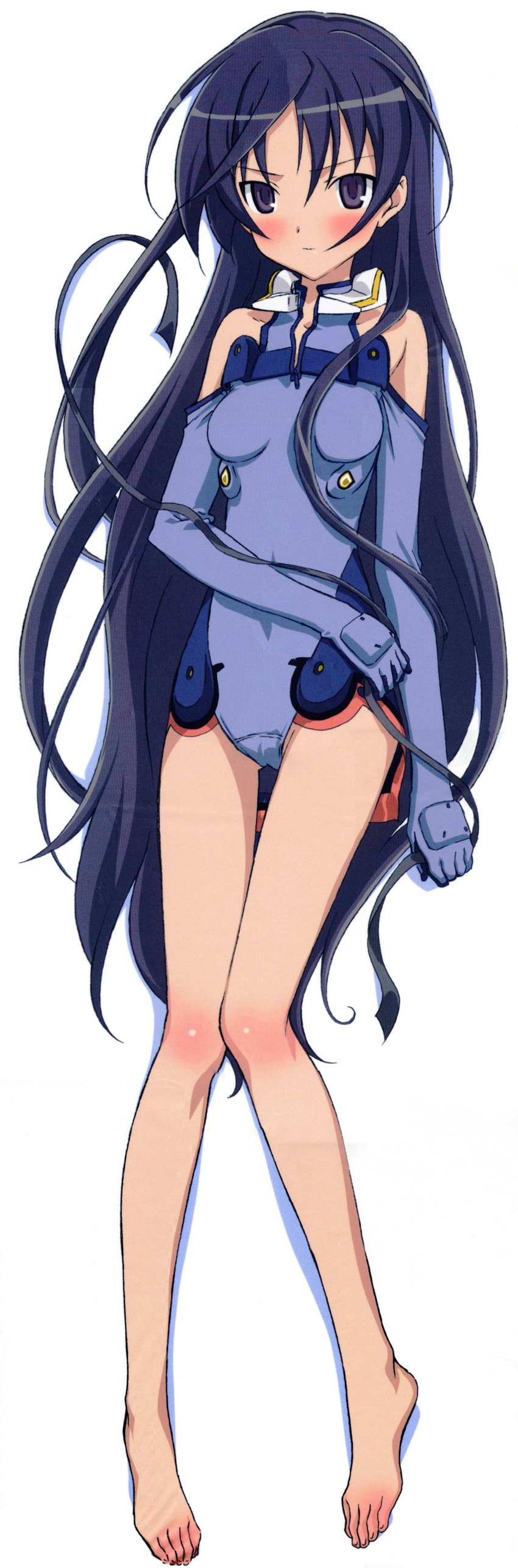 absurdres alternate_hairstyle bare_shoulders barefoot blue_eyes blue_gloves blue_hair blue_leotard blush body_blush breasts dakimakura_(medium) elbow_gloves female from_above full_body gloves hair_down halterneck highres holding ichijou_eika iizuka_haruko knees_together_feet_apart leotard light_smile long_hair long_legs looking_at_viewer lying motion_slit official_art on_back parted_bangs pilot_suit ribbon scan shadow simple_background sky_girls slim_legs small_breasts smile solo thigh_gap turtleneck unzipped very_long_hair white_background zipper