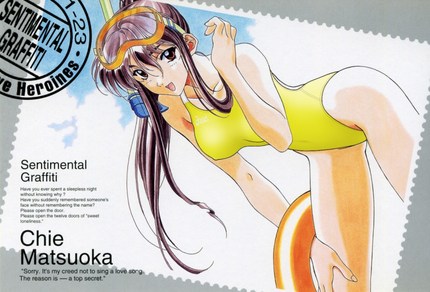 1990s_(style) asics ass_visible_through_thighs bent_over black_hair blush border breasts breasts_apart cloud collarbone competition_swimsuit covered_nipples cowboy_shot day diving_mask diving_mask_on_head emblem female from_side goggles goggles_on_head grey_border hair_between_eyes hand_on_own_knee hand_up happy high_ponytail highleg highleg_swimsuit holding holding_swim_ring innertube kai_tomohisa legs_apart long_hair looking_at_viewer matsuoka_chie medium_breasts navel official_art one-piece_swimsuit open_mouth orange-framed_eyewear outdoors painting_(medium) ponytail red_eyes retro_artstyle sentimental_graffiti sidelocks sideways_glance sky smile snorkel solo straight_hair swim_ring swimsuit traditional_media watercolor_(medium) yellow_one-piece_swimsuit