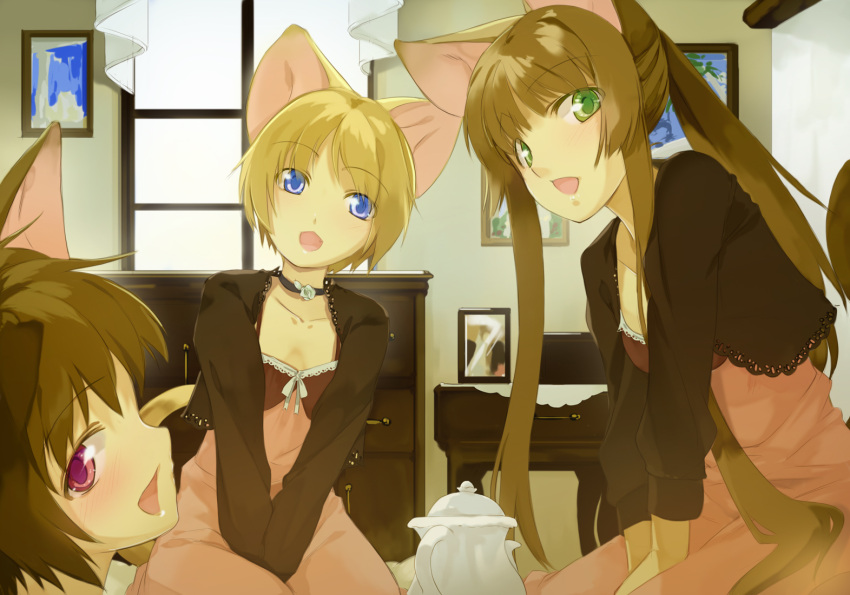 3girls animal_ears blonde_hair blue_eyes brown_hair cardigan cat_ears choker commentary_request green_eyes long_hair maruku multiple_girls oerba_yun_fang original photoshop_(medium) ponytail red_eyes short_hair sitting tail