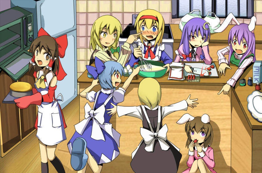 6+girls alice_margatroid baking blonde_hair blue_eyes blue_hair brown_eyes brown_hair cake cirno commentary_request cooking food hairband hakurei_reimu highres inaba_tewi kirisame_marisa kitchen_knife knife mukuroi multiple_girls pastry patchouli_knowledge purple_eyes purple_hair red_eyes reisen_udongein_inaba rumia santoku_knife short_hair touhou whisk yellow_eyes