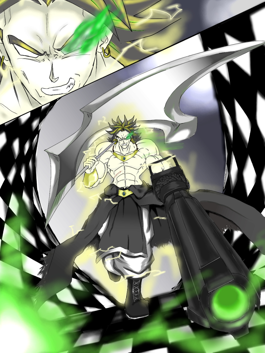 1boy black_rock_shooter blade broly_(dragon_ball_z) chokobo_(fire89) commentary_request dragon_ball dragon_ball_z highres legendary_super_saiyan male_focus muscular muscular_male parody scar super_saiyan weapon