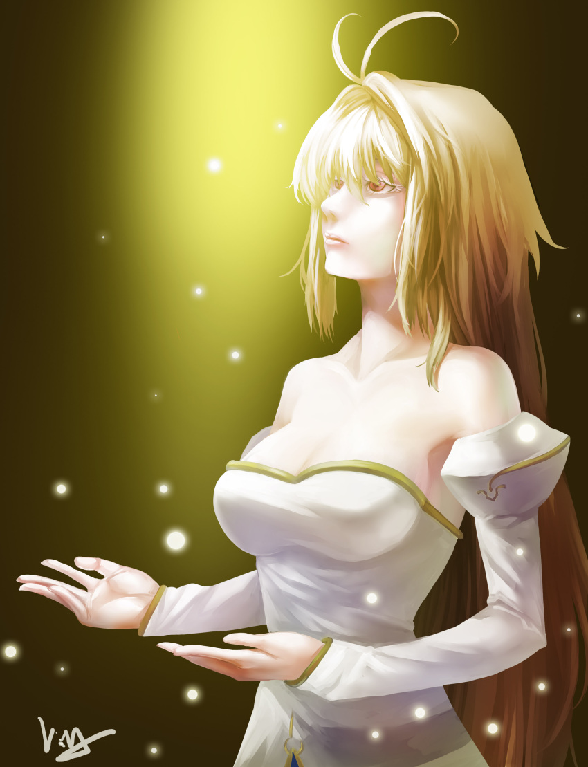 absurdres antenna_hair archetype_earth arcueid_brunestud bare_shoulders blonde_hair breasts cleavage club3 commentary_request detached_sleeves dress female highres long_hair medium_breasts melty_blood photoshop_(medium) red_eyes snow solo strapless strapless_dress tsukihime