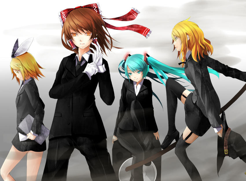 4girls adjusting_clothes adjusting_gloves alternate_costume aqua_eyes aqua_hair bad_id bad_pixiv_id black_legwear black_necktie blonde_hair brown_eyes brown_hair clipboard crossover formal garter_straps gloves hair_ribbon hair_tubes hakurei_reimu hat hatsune_miku highres jacket kagamine_rin kirisame_marisa long_hair looking_at_viewer looking_down multiple_girls necktie pant_suit pants pencil_skirt profile reio_reio ribbon short_hair sitting sitting_on_object skirt skirt_suit smile speaker suit thighhighs touhou tuxedo twintails vocaloid white_gloves witch_hat yellow_eyes