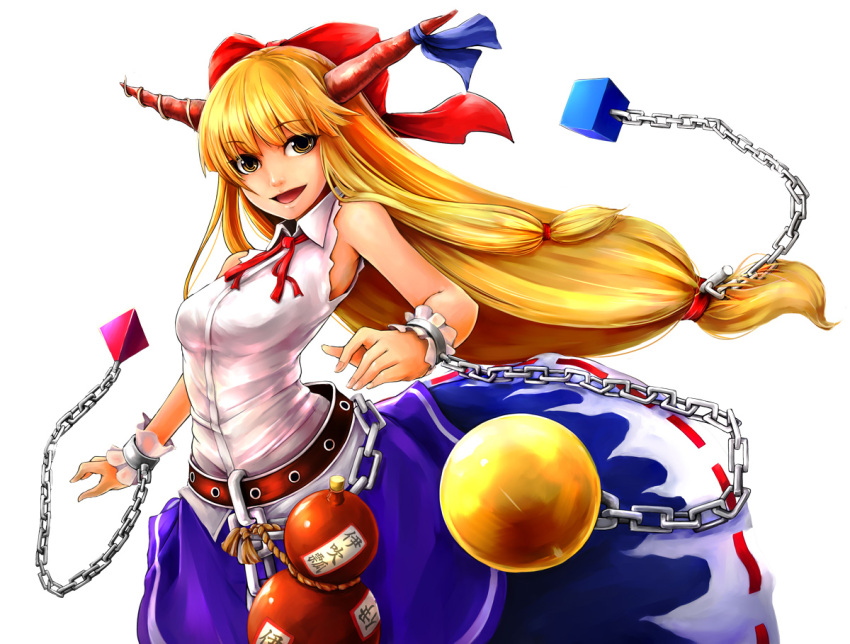 :d belt blunt_bangs bottle bow chains commentary_request female hairbow horns ibuki_suika long_hair open_mouth orange_hair sleeveless smile solo touhou tsuan white_background wrist_cuffs yellow_eyes