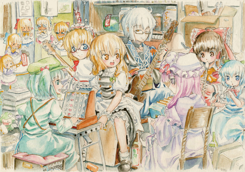 1boy 6+girls accordion ahoge alice_margatroid apron ascot ball barrel bespectacled black_footwear blonde_hair blue_eyes blue_hair book book_stack bottle bow box braid brown_eyes brown_hair capelet cardboard_box chair choker cirno commentary_request doll dress flute gintama glasses guitar hair_bobbles hair_ornament hair_ribbon hair_tubes hairband hairbow hakurei_reimu hat hidamari_sketch holding indoors instrument jar justaway kawashiro_nitori kirisame_marisa lance_of_longinus_(evangelion) long_hair long_sleeves machine master_(4th) monitor morichika_rinnosuke multiple_girls music neon_genesis_evangelion no_headwear ofuda one_eye_closed open_mouth paper patchouli_knowledge photoshop_(medium) playing_instrument pot puffy_sleeves purple_eyes purple_hair recorder ribbon sayonara_zetsubou_sensei semi-rimless_eyewear shanghai_doll shelf shoes short_hair side_braid sitting smile socks string sunglasses touhou trinkets trumpet two_side_up ume-sensei under-rim_eyewear white_hair white_legwear wrench wrist_cuffs yellow_eyes