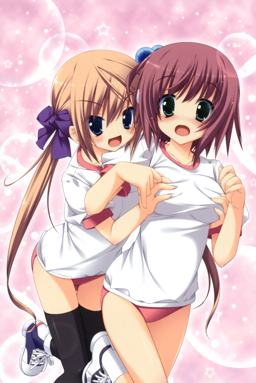 2girls :d :o absurdres black_legwear blue_eyes blush bow breasts brown_hair bubble_background buruma cowboy_shot grabbing grabbing_another's_breast green_eyes gym_uniform hair_bobbles hair_ornament hairbow hashimoto_yuuki highres koiiro_soramoyou long_hair looking_at_viewer lucie medium_breasts multiple_girls open_mouth purple_bow red_hair shinohara_sera shoes short_hair smile sneakers socks thighhighs twintails white_legwear