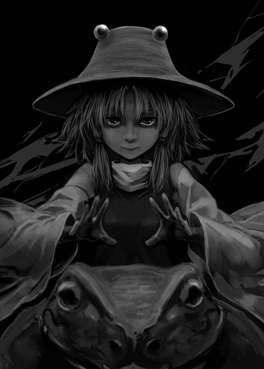 absurdres bad_id bad_pixiv_id exfeet female frog greyscale highres looking_at_viewer monochrome moriya_suwako realistic solo touhou