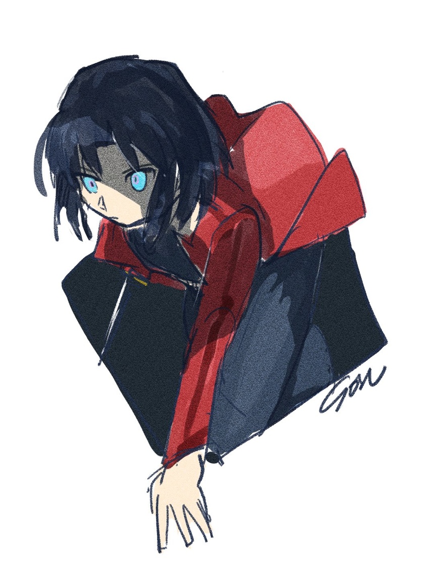 bad_id bad_twitter_id black_hair blue_eyes female highres jacket japanese_clothes kara_no_kyoukai kimono knife obi red_jacket ryougi_shiki sash short_hair solo sost_fgo weapon