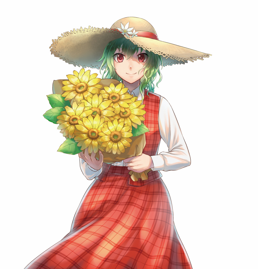 backlighting bouquet collared_shirt colored_eyelashes commentary_request cowboy_shot female fingernails flower green_hair hat hat_flower hat_ribbon highres holding holding_flower kazami_yuuka long_skirt long_sleeves looking_at_viewer open_clothes outline pink_nails plaid plaid_skirt plaid_vest raito_(latek) red_eyes red_ribbon red_skirt red_vest ribbon shiny_clothes shirt short_hair simple_background skirt skirt_set smile solo straw_hat sunflower touhou vest wavy_hair white_background white_shirt wind