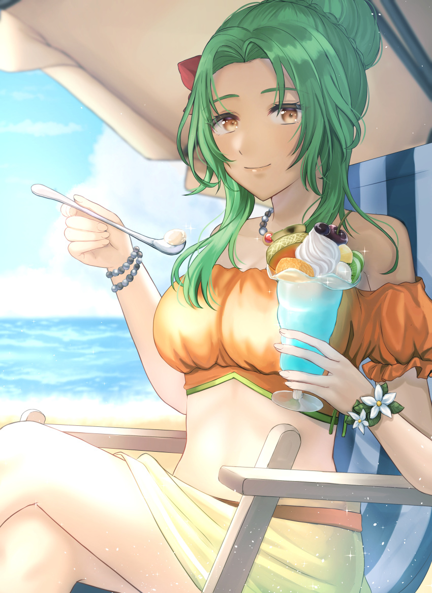 absurdres bare_shoulders bead_bracelet bead_necklace beads bikini blue_sky bracelet breasts brown_eyes cloud cup day elincia_ridell_crimea elincia_ridell_crimea_(summer) feet_out_of_frame female fire_emblem fire_emblem:_radiant_dawn fire_emblem_heroes green_hair hair_bun hand_up highres holding holding_cup holding_spoon jewelry large_breasts long_hair looking_at_viewer necklace nei_(aduma1120ponpon) ocean off-shoulder_bikini off_shoulder official_alternate_costume orange_bikini outdoors puffy_short_sleeves puffy_sleeves sarong short_sleeves sitting sky smile solo spoon stomach swimsuit water