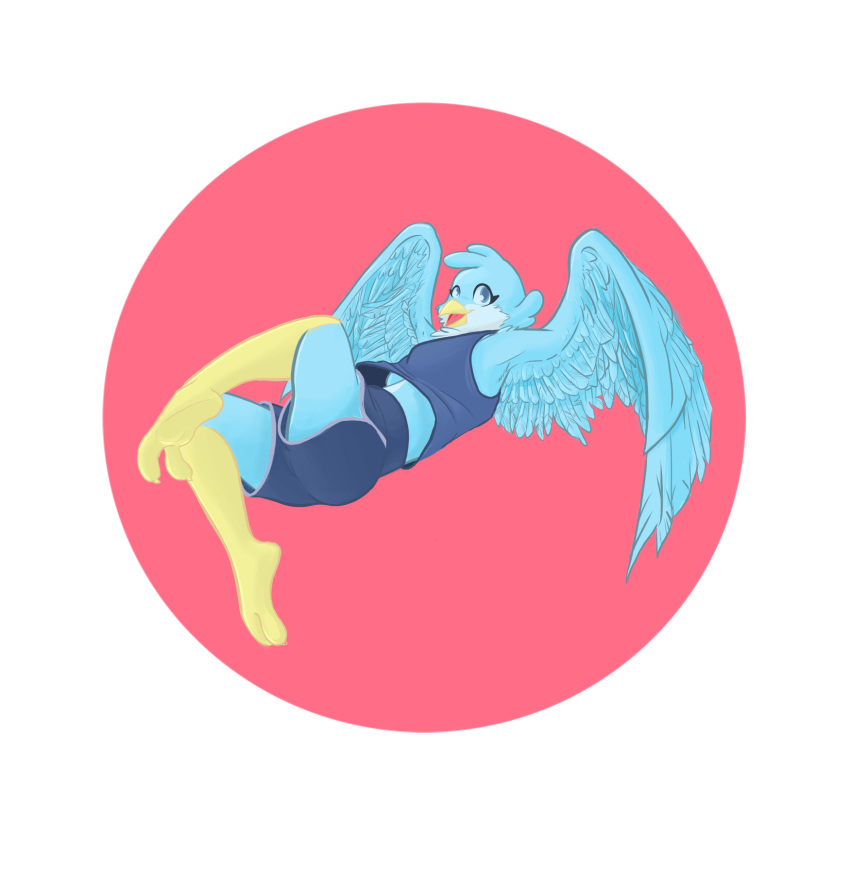 2_toes anthro avian avian_feet bea bird blue_bird blue_body blue_clothing blue_eyes blue_feathers bottomwear clothing feathers feet female flying hi_res mackmcstacks shirt shorts solo tank_top toes topwear white_body white_feathers winged_arms wings