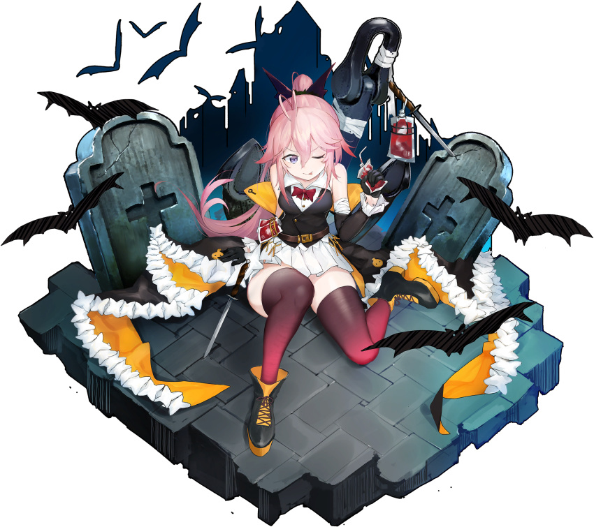 alternate_costume anchor antenna_hair bandaged_arm bandages bat_(animal) black_gloves black_vest blood blood_bag blue_oath boots bow bowtie drinking_straw female gloves grey_eyes haguro_(blue_oath) hair_between_eyes halloween halloween_costume highres holding long_hair official_art one_eye_closed oooomiga pink_hair pleated_skirt ponytail red_bow red_bowtie red_legwear sitting skirt smile thighhighs tombstone tongue transparent_background vest white_skirt