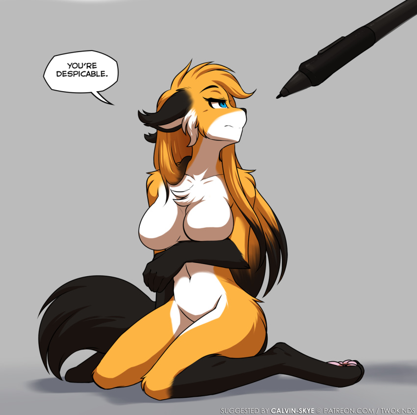 2020 adobe_photoshop_(artwork) annoyed anthro big_breasts black_body black_fur blue_eyes breaking_the_fourth_wall breast_rest breasts canid canine casual_nudity chest_tuft colored conditional_dnp dialogue digital_media_(artwork) digitigrade ears_back english_text featureless_breasts female fox fur gloves_(marking) grey_background keidran kneeling leg_markings looking_back mammal markings mike_(twokinds) mtf_crossgender multicolored_body multicolored_fur navel nude orange_body orange_fur pen pivoted_ears red_fox rule_63 simple_background socks_(marking) solo speech_bubble tablet_pen talking_to_artist text tom_fischbach true_fox tuft twokinds url white_body white_fur