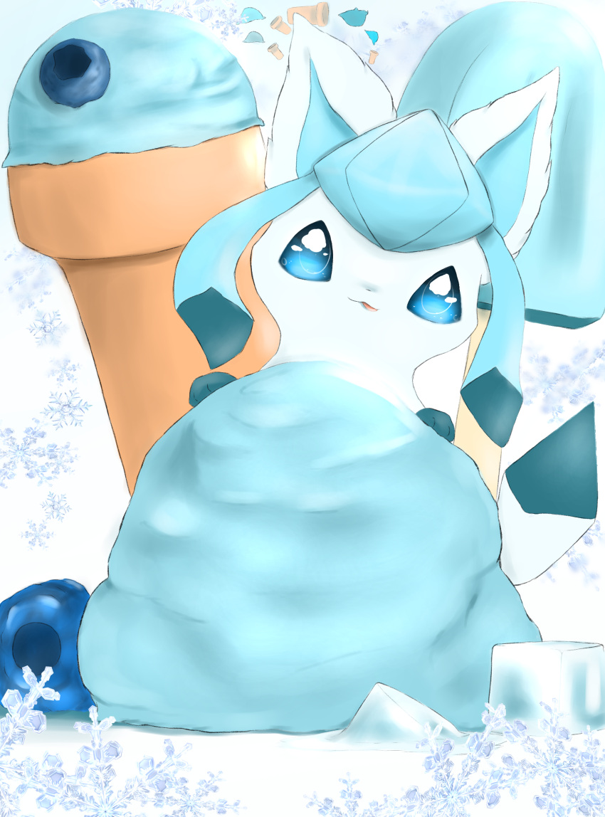 absurd_res ambiguous_gender berry blue_ears blue_eyes blue_sclera blueberry_(disambiguation) blueberry_(fruit) dessert eeveelution feral food fruit fur fur_markings generation_4_pokemon glaceon hi_res ice ice_cream ice_cream_cone ice_cube looking_at_viewer mammal markings nintendo open_mouth outline plant pokemon pokemon_(species) simple_background smile snoiifoxxo snowflake solo white_body white_fur