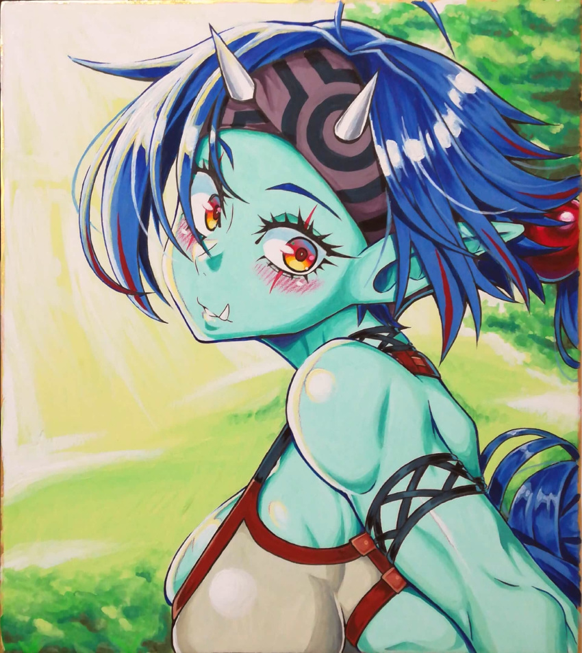 aqua_skin armband blue_hair blush breasts colored_skin commentary_request day doula_(sennen_sensou_aigis) female female_orc green_skin headband highres horns large_breasts looking_at_viewer oerba_yun_fang orc outdoors pointy_ears sennen_sensou_aigis solo soune1000 upper_body yellow_eyes