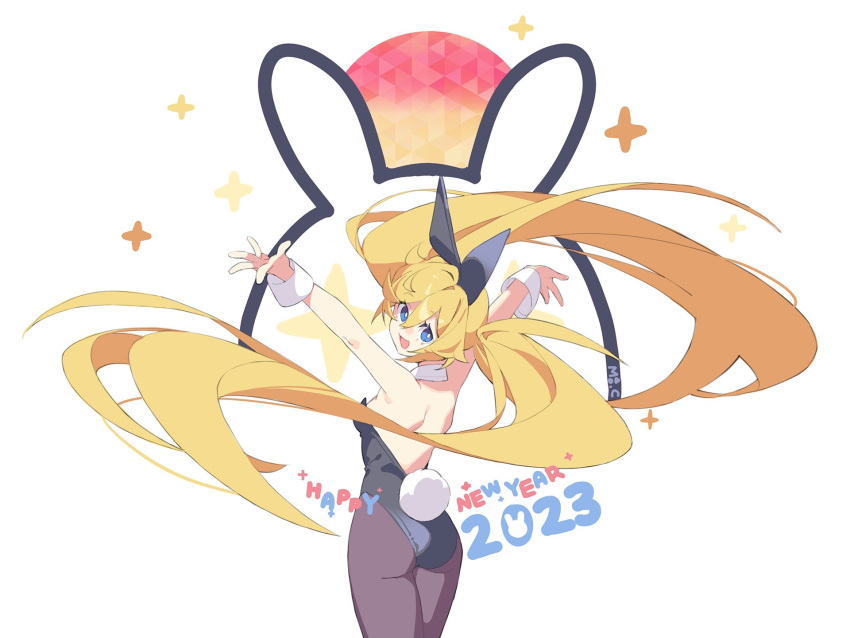 2023 :d arms_up artist_name back black_leotard black_pantyhose blonde_hair blue_eyes bright_pupils clear_(djmax) commentary djmax djmax_respect english_commentary female hair_ornament happy_new_year highres leotard long_hair looking_back mamo_c new_year official_art open_hands outstretched_arms pantyhose rabbit_tail simple_background smile solo star_(symbol) tail twintails white_background white_pupils white_wrist_cuffs wrist_cuffs