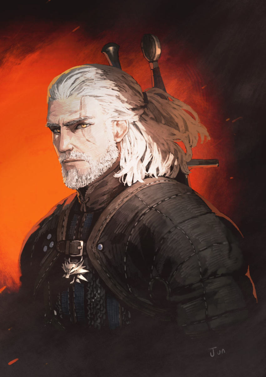 1boy armor beard commentary facial_hair geralt_of_rivia gloves highres jun_(navigavi) long_hair male_focus manly scar scar_across_eye scar_on_face sword the_witcher_(series) the_witcher_3 weapon white_hair witcher_medallion yellow_eyes