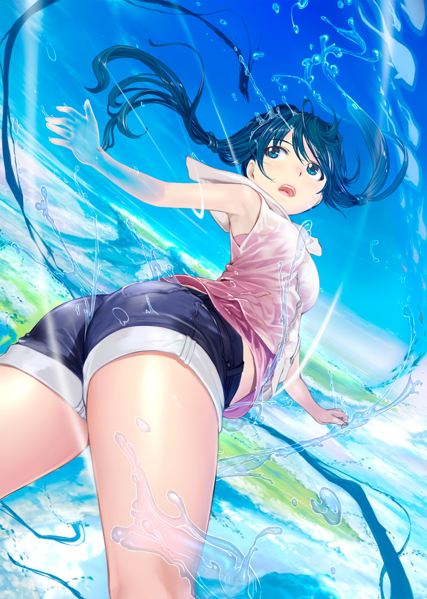 amano_hina_(tenki_no_ko) armpits ass blue_eyes blue_hair blush breasts commentary_request day female highres jacket low_twintails mikazuki_akira! open_mouth pink_shirt scenery shirt short_shorts shorts sky small_breasts tenki_no_ko thighs transparent_hand twintails water water_drop white_jacket