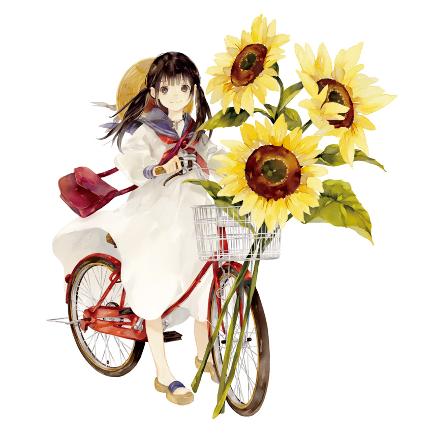 bad_id bad_pixiv_id bag bicycle bicycle_basket brown_eyes brown_hair closed_mouth commentary_request dagashiya_dekoboko-dou_to_majo_no_drop dress female flower full_body handbag hat hat_on_back highres long_hair long_sleeves looking_at_viewer neckerchief niwa_haruki official_art red_neckerchief sailor_dress sandals shoulder_bag simple_background smile solo standing straw_hat sunflower twintails white_background white_dress yellow_flower